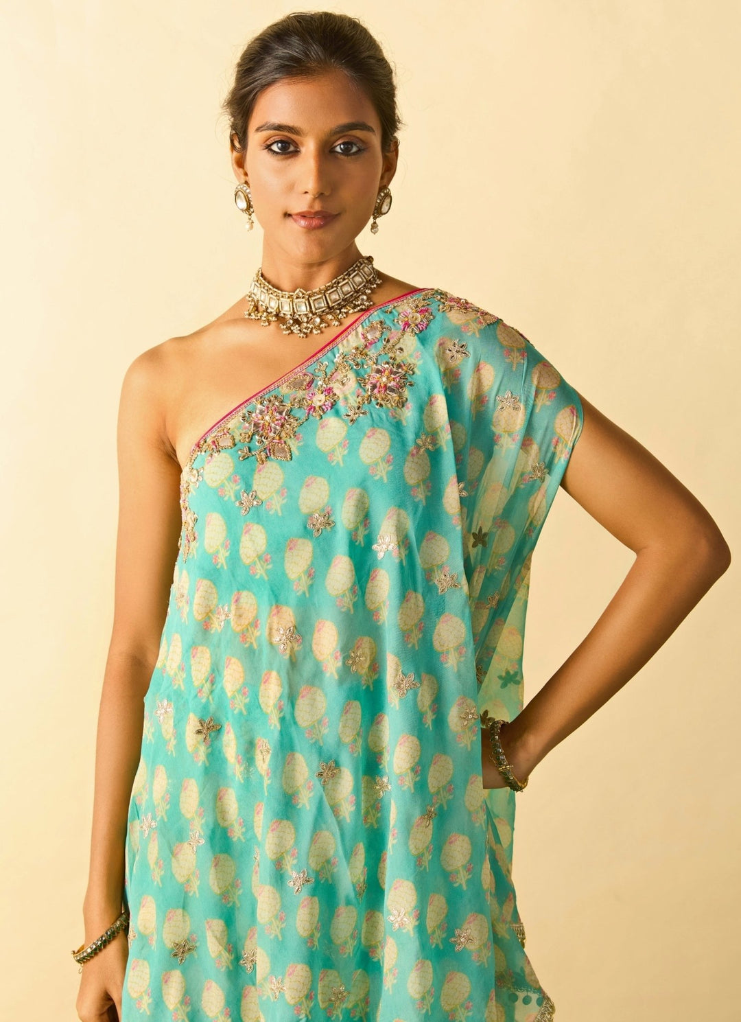 Gopi Vaid Aqua Blue Printed Georgette One Shoulder Kurta Pants SetFabilicious Fashion