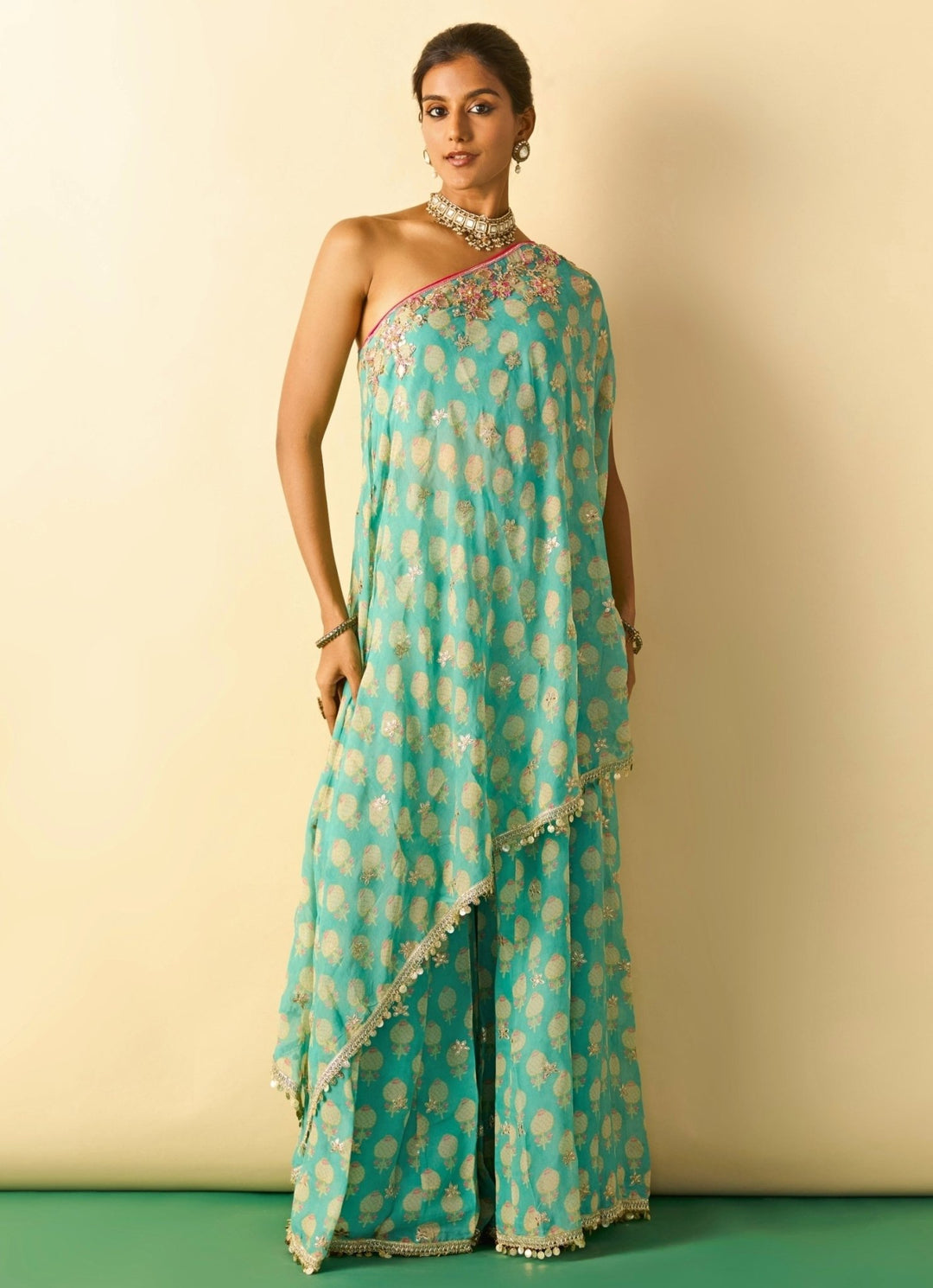 Gopi Vaid Aqua Blue Printed Georgette One Shoulder Kurta Pants SetFabilicious Fashion