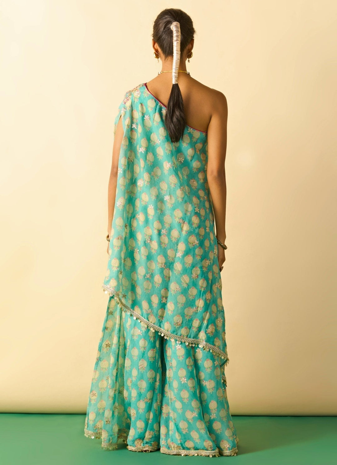 Gopi Vaid Aqua Blue Printed Georgette One Shoulder Kurta Pants SetFabilicious Fashion