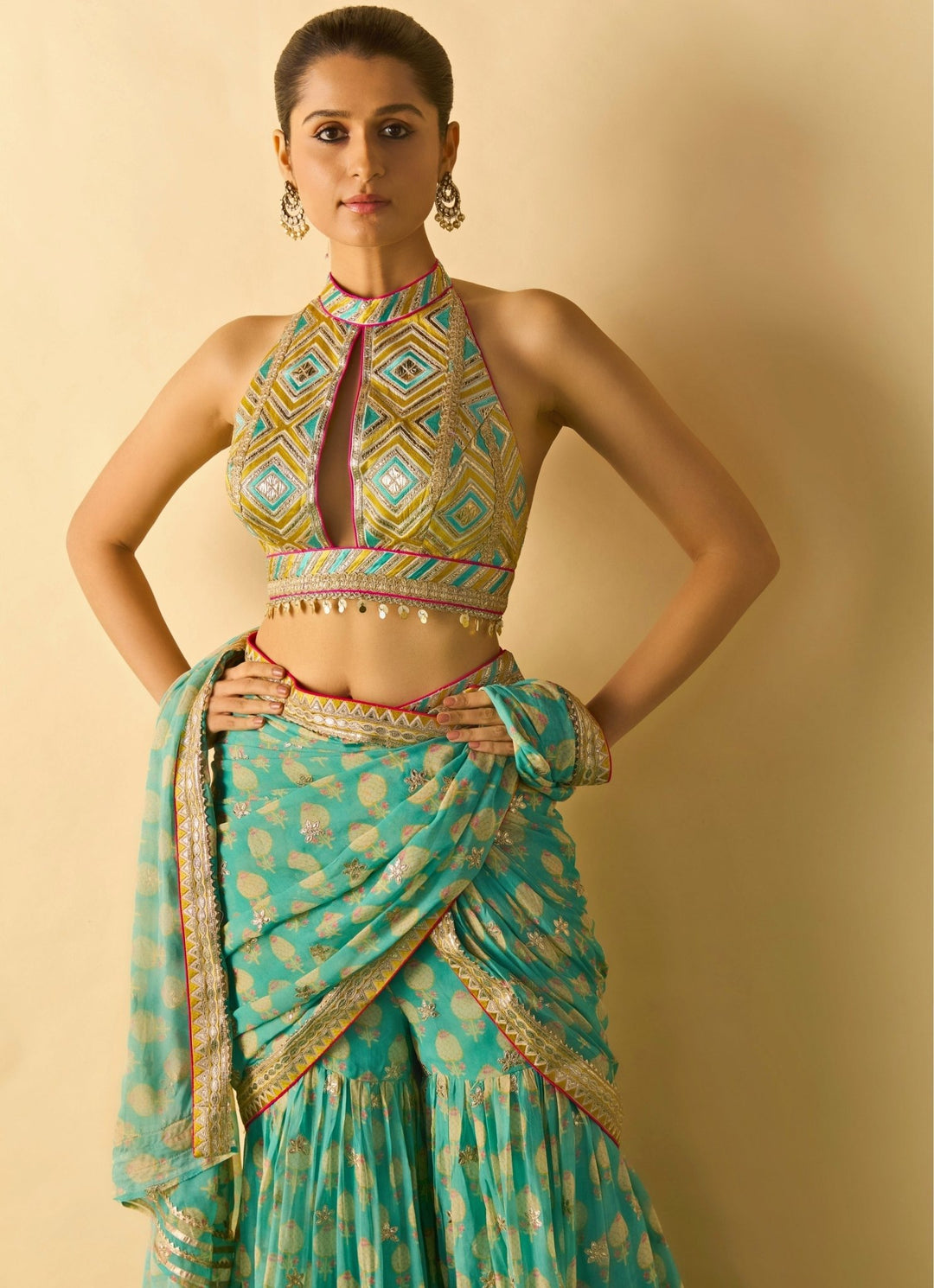 Gopi Vaid Aqua Blue Printed Georgette Pant Saree SetFabilicious Fashion