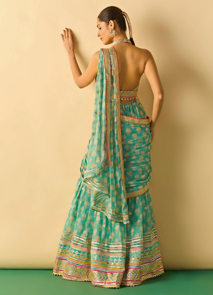 Gopi Vaid Aqua Blue Printed Georgette Pant Saree SetFabilicious Fashion