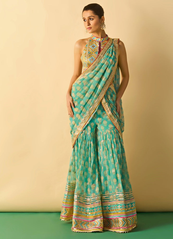Gopi Vaid Aqua Blue Printed Georgette Pant Saree SetFabilicious Fashion
