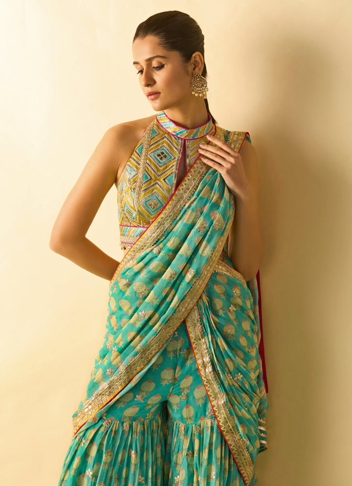 Gopi Vaid Aqua Blue Printed Georgette Pant Saree SetFabilicious Fashion