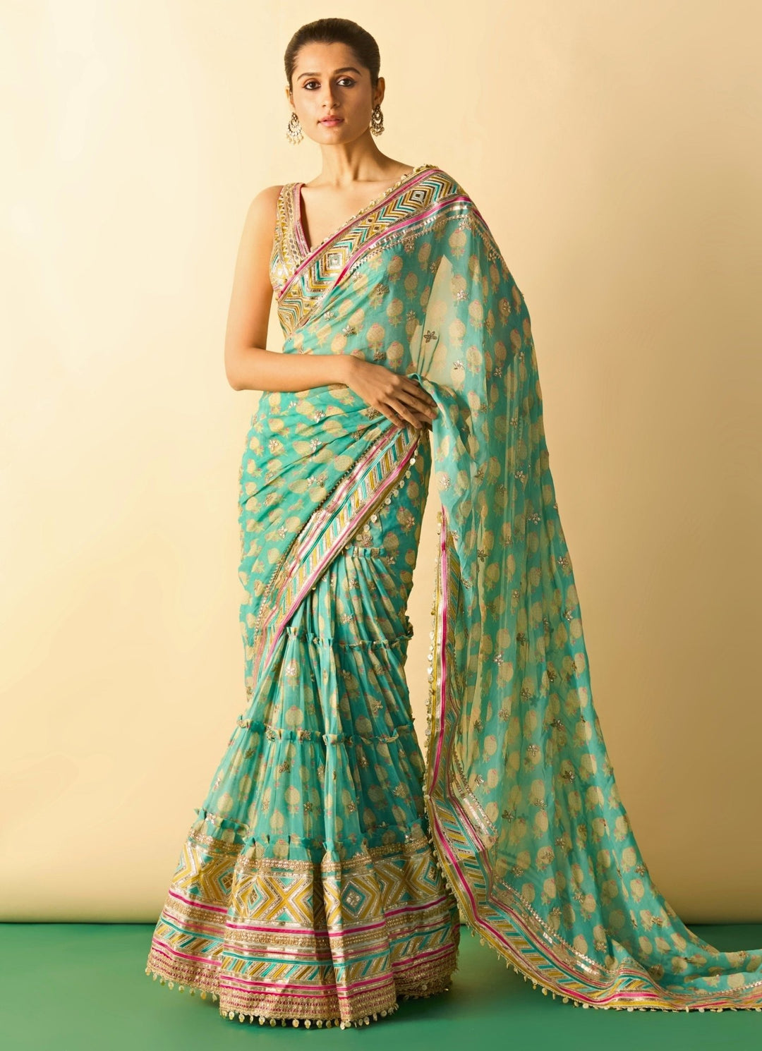 Gopi Vaid Aqua Blue Printed Georgette Pre-Draped SareeFabilicious Fashion