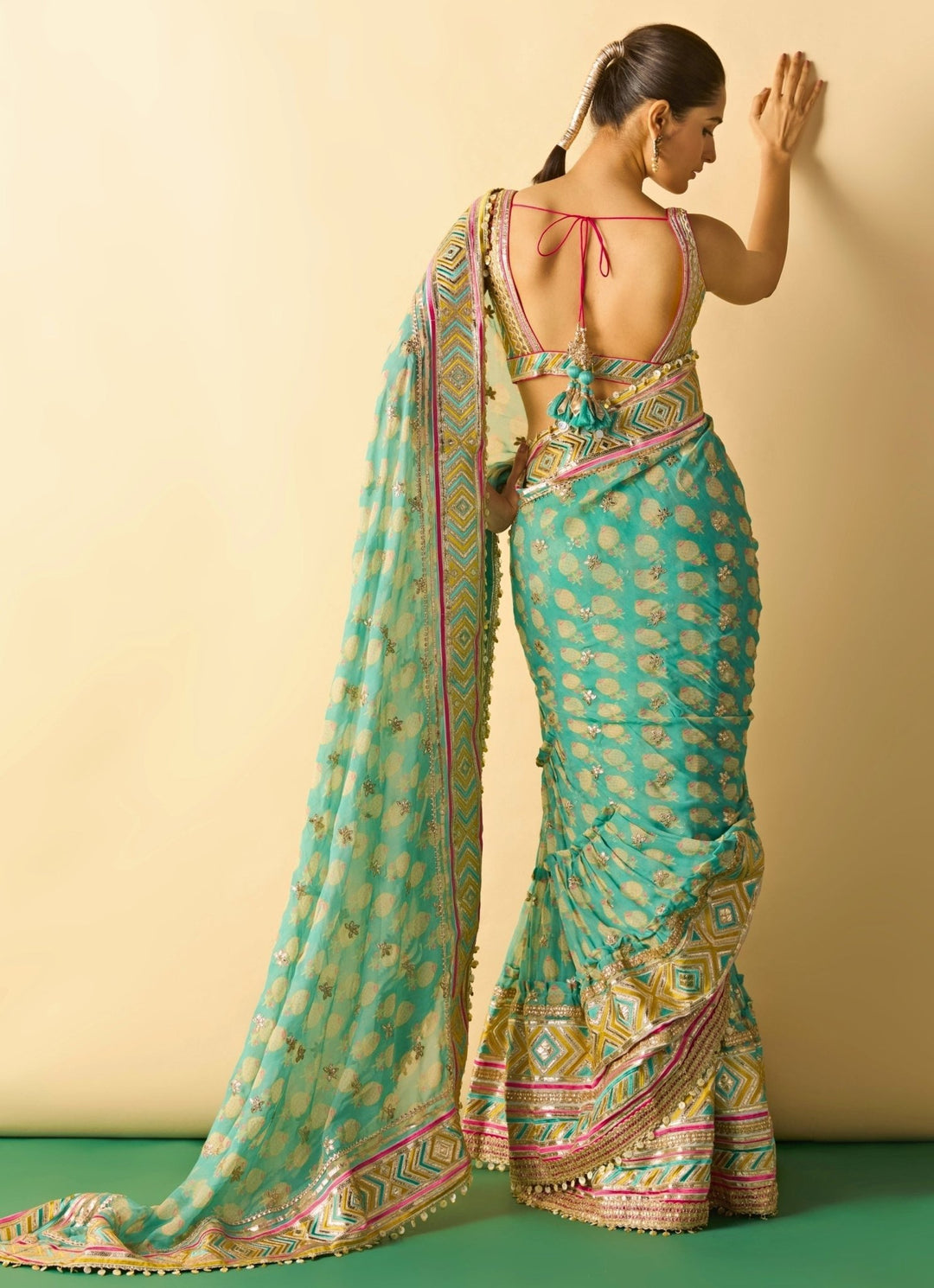 Gopi Vaid Aqua Blue Printed Georgette Pre-Draped SareeFabilicious Fashion
