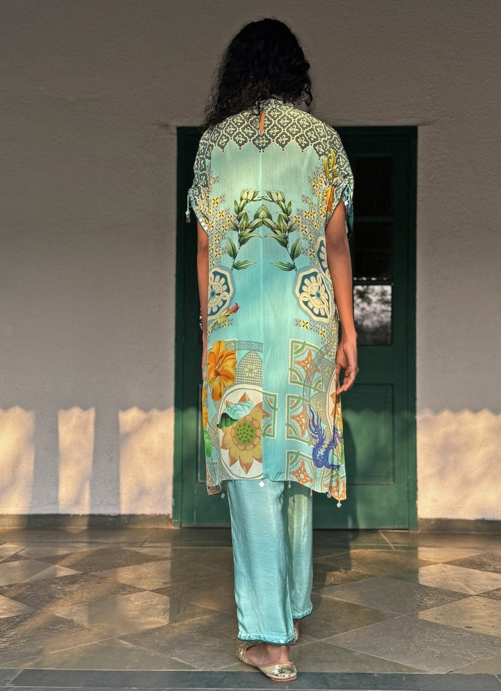 Aqua Blue Printed Kurta Pant Set Basil Leaf - Fabilicious Fashion