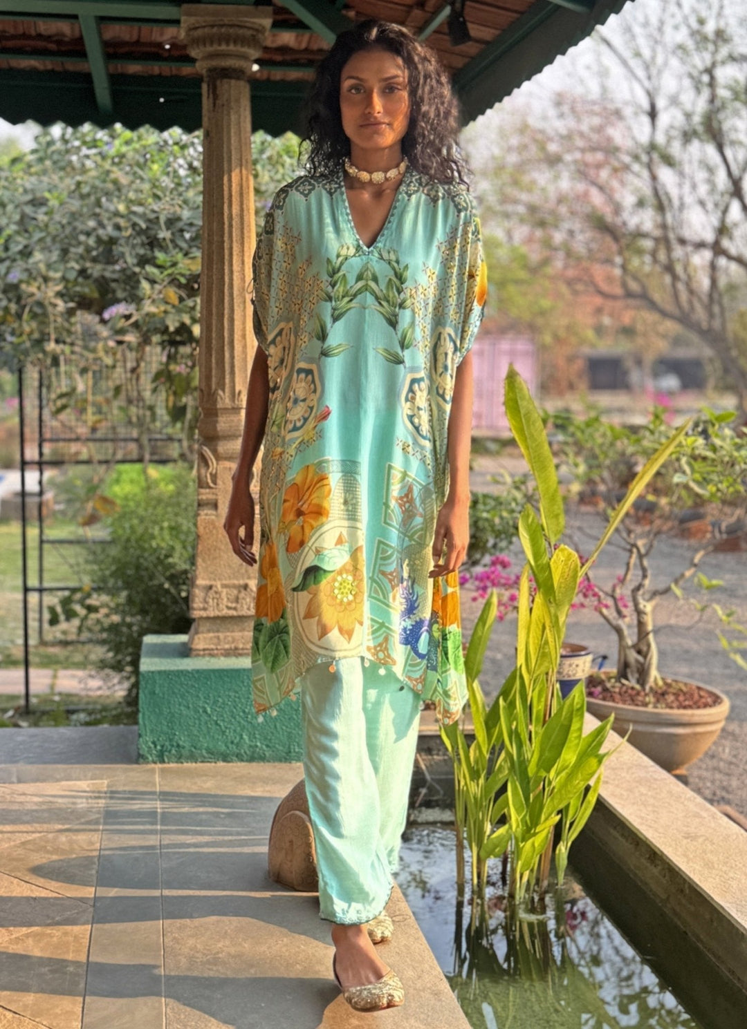 Aqua Blue Printed Kurta Pant Set Basil Leaf - Fabilicious Fashion