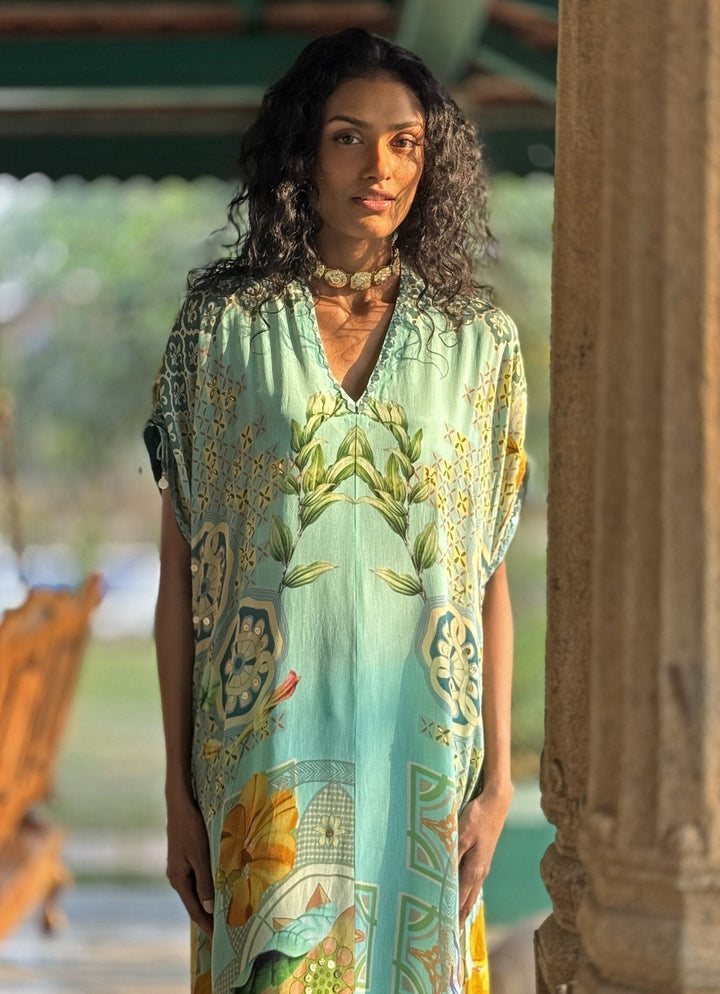 Aqua Blue Printed Kurta Pant Set Basil Leaf - Fabilicious Fashion