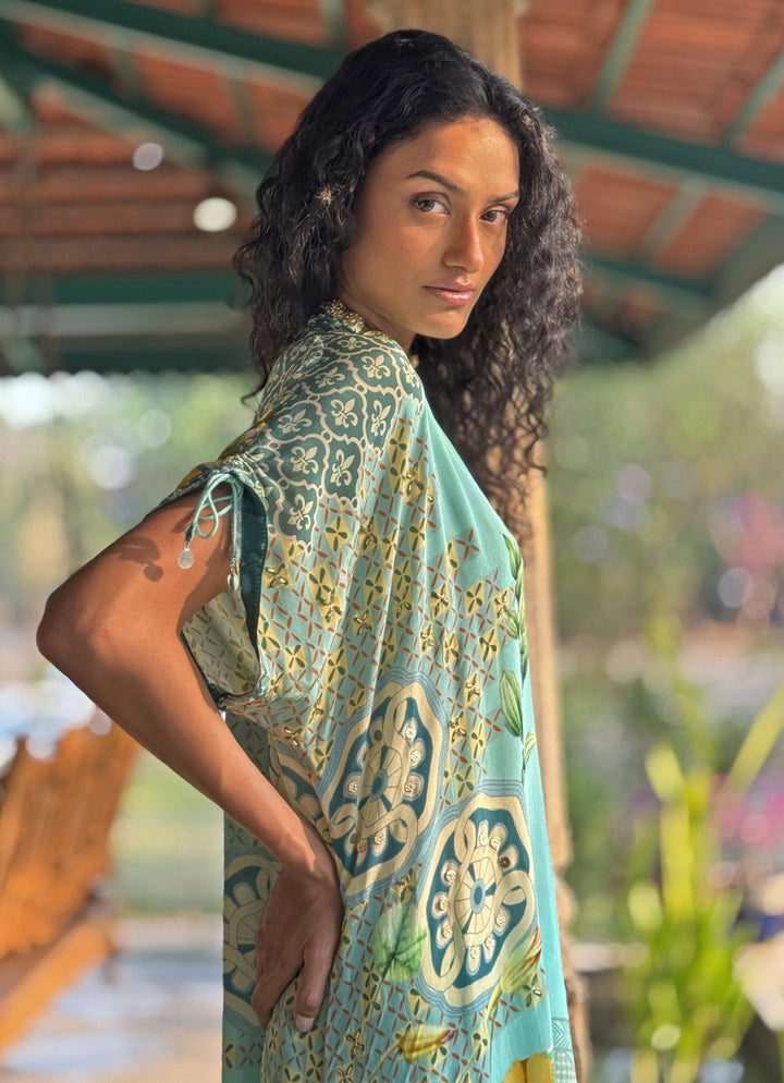 Aqua Blue Printed Kurta Pant Set Basil Leaf - Fabilicious Fashion