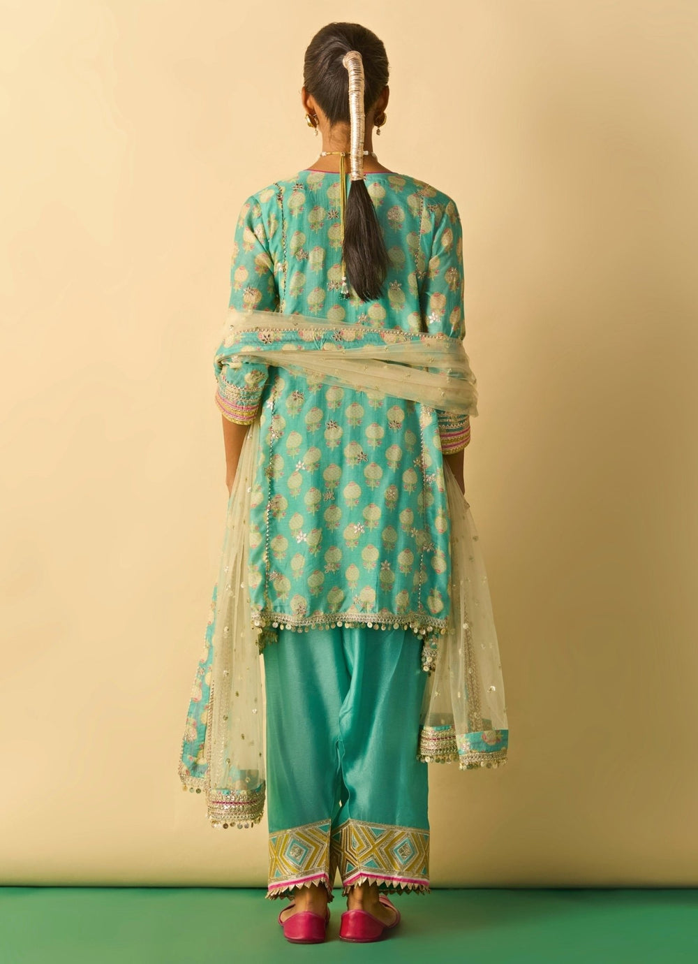 Gopi Vaid Aqua Blue Tussar Farshi Salwar Kurta Set With Ivory DupattaFabilicious Fashion