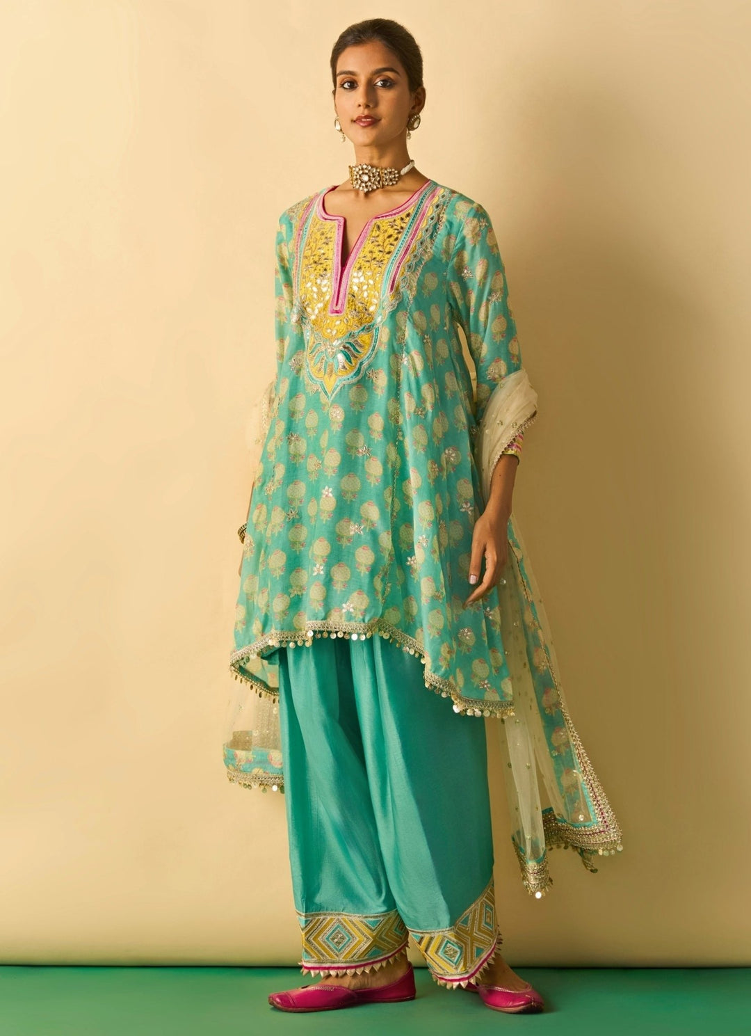 Gopi Vaid Aqua Blue Tussar Farshi Salwar Kurta Set With Ivory DupattaFabilicious Fashion