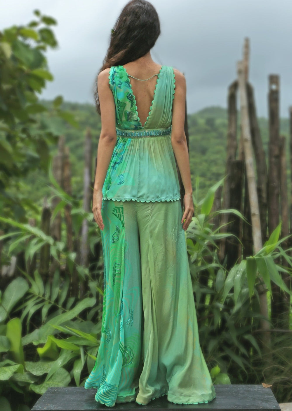 Aqua Green Chinon Kurta Pant Set Basil Leaf - Fabilicious Fashion