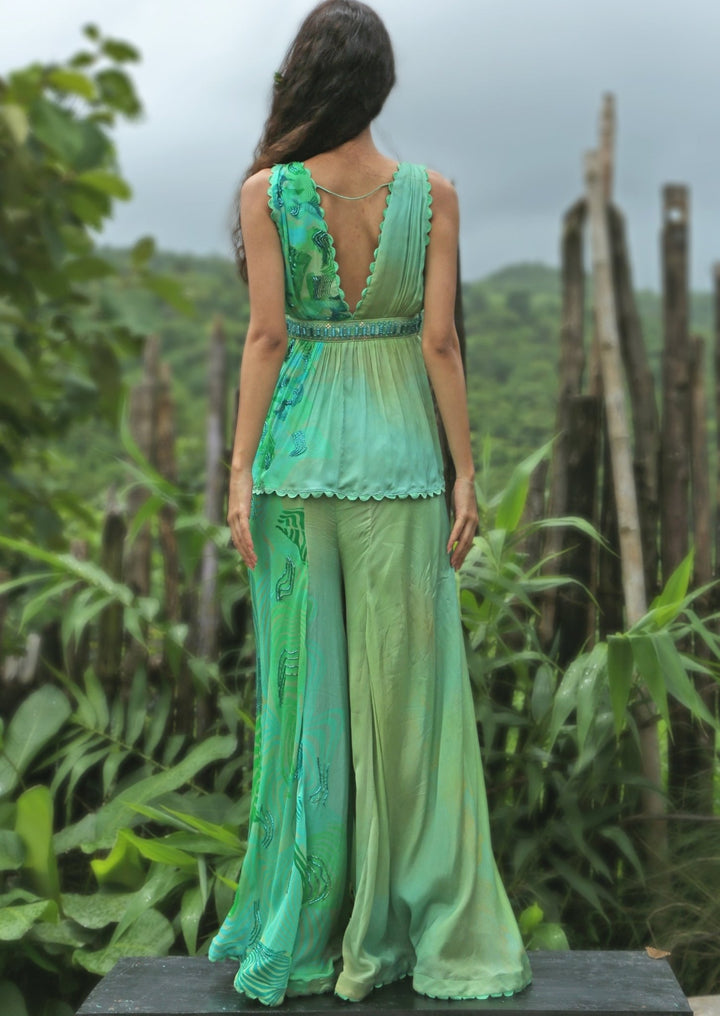 Aqua Green Chinon Kurta Pant Set Basil Leaf - Fabilicious Fashion