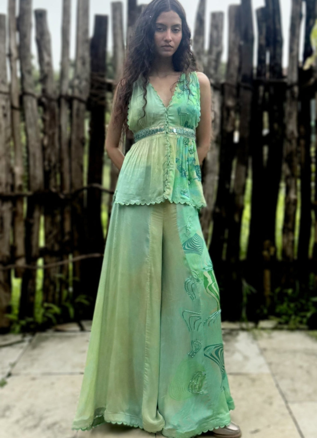 Aqua Green Chinon Kurta Pant Set Basil Leaf - Fabilicious Fashion