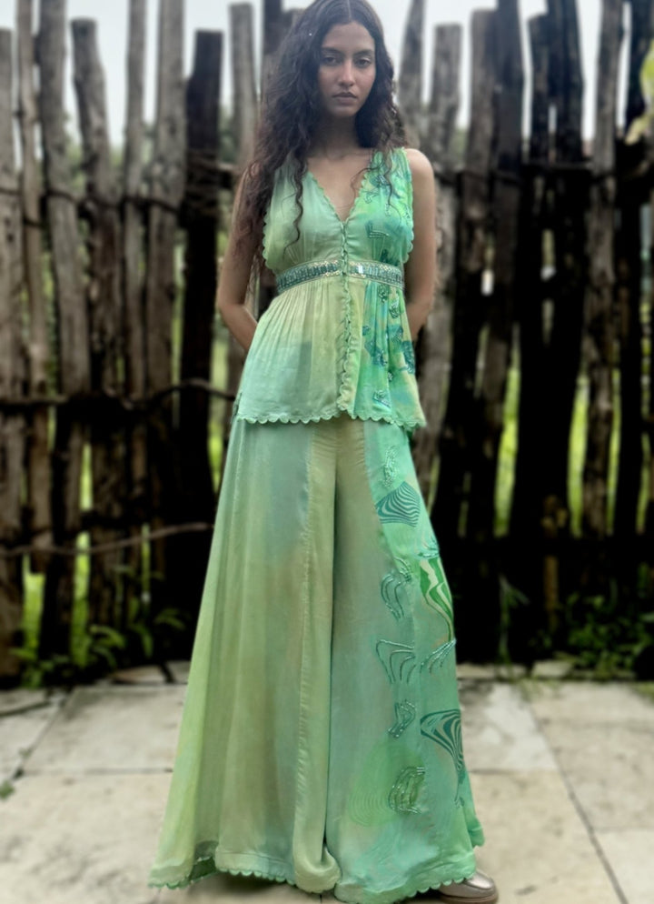 Aqua Green Chinon Kurta Pant Set Basil Leaf - Fabilicious Fashion