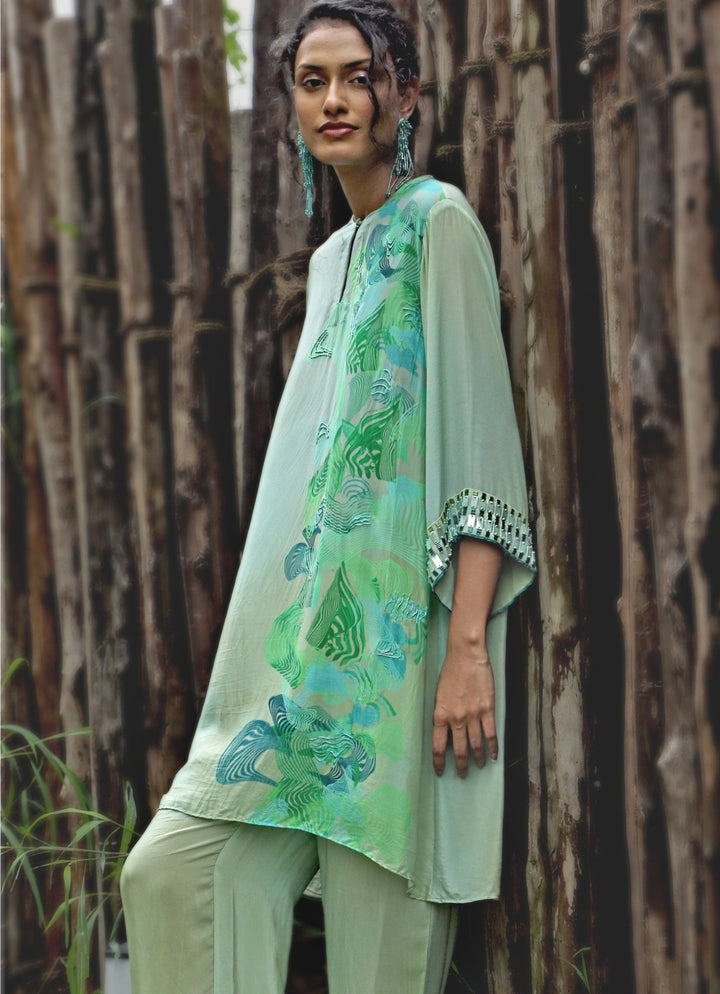 Aqua Green Crepe Kurta Pant Set Basil Leaf - Fabilicious Fashion