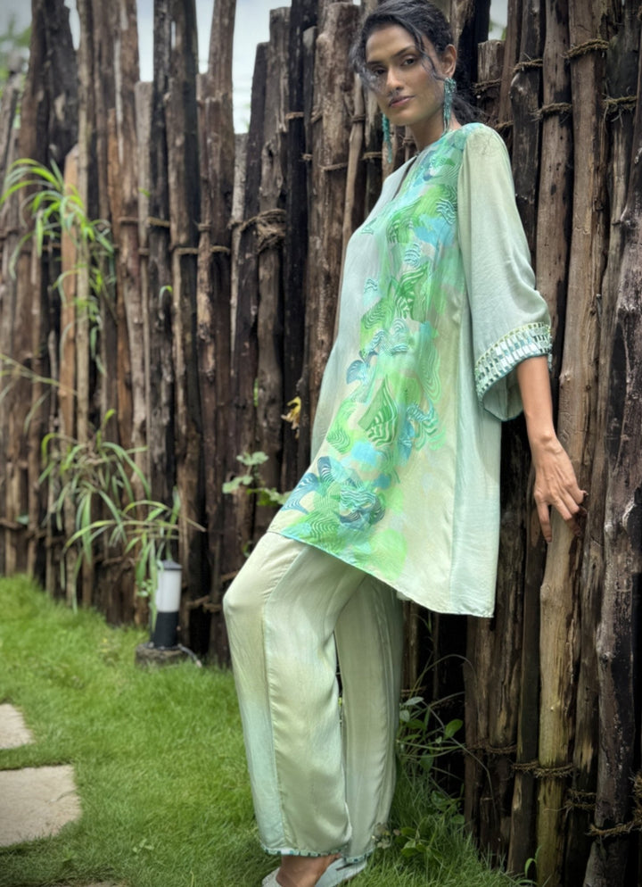 Aqua Green Crepe Kurta Pant Set Basil Leaf - Fabilicious Fashion