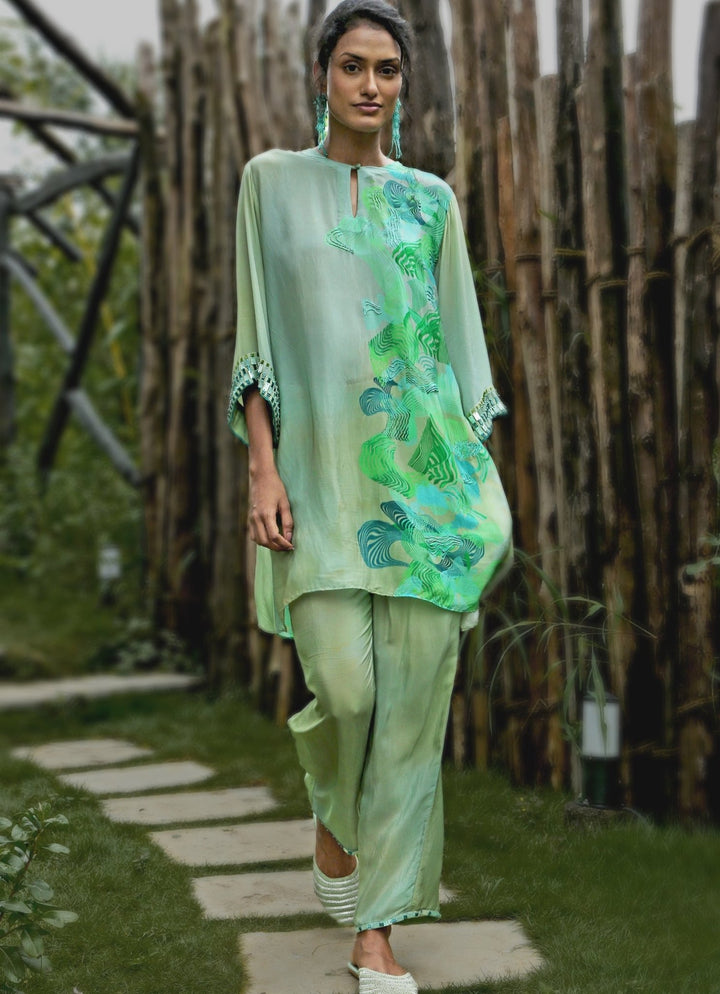 Aqua Green Crepe Kurta Pant Set Basil Leaf - Fabilicious Fashion