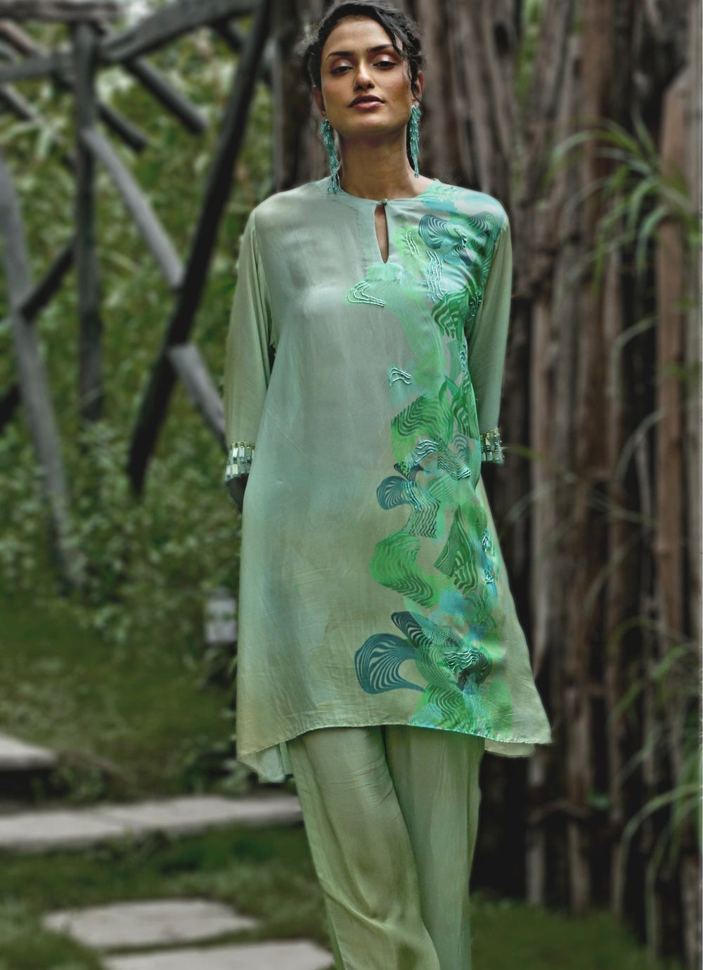 Aqua Green Crepe Kurta Pant Set Basil Leaf - Fabilicious Fashion