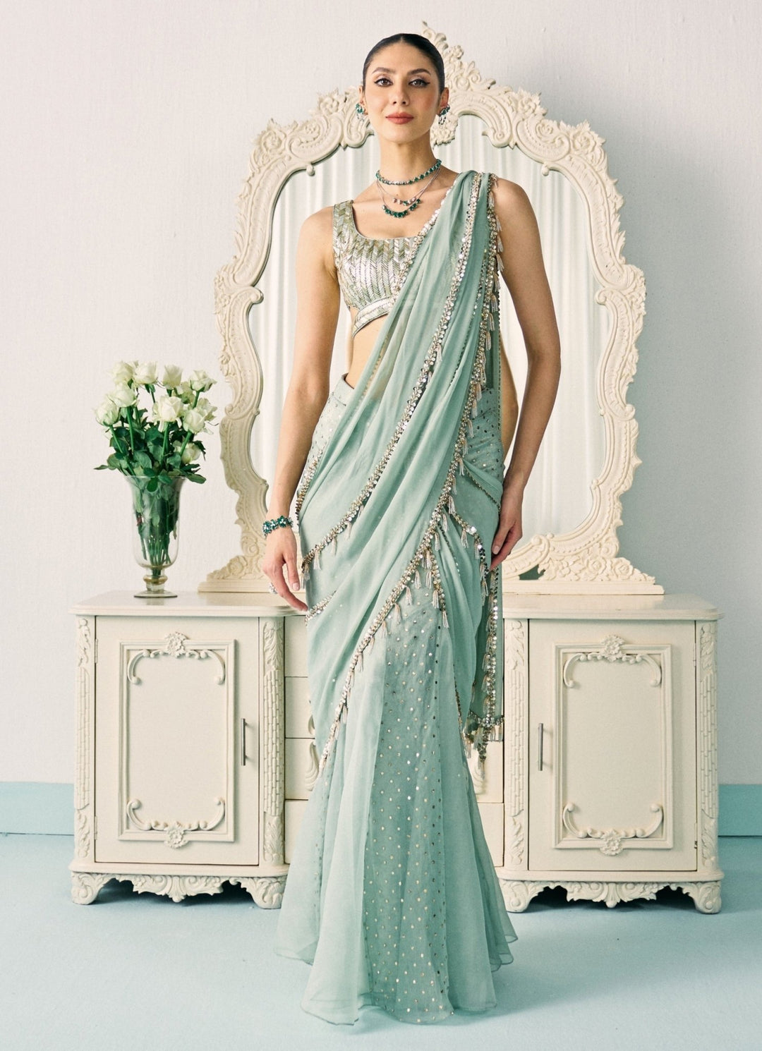 Sanya Gulati Pastel Green Georgette Pre - Draped SareeFabilicious Fashion