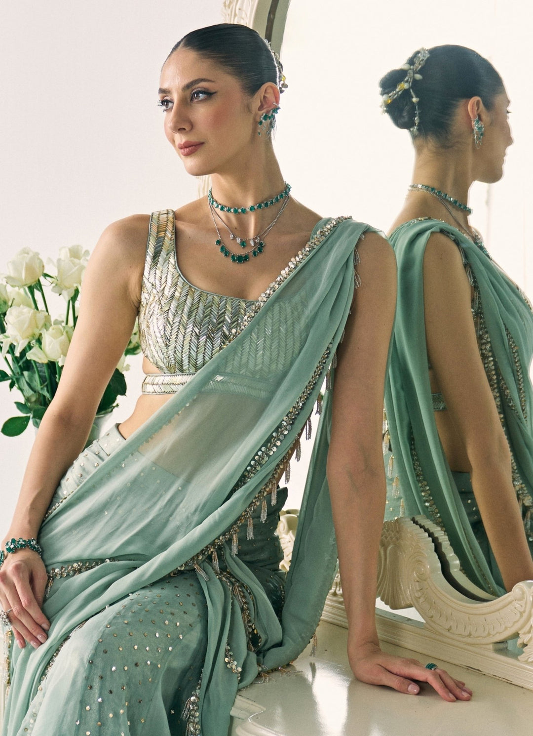Sanya Gulati Pastel Green Georgette Pre - Draped SareeFabilicious Fashion