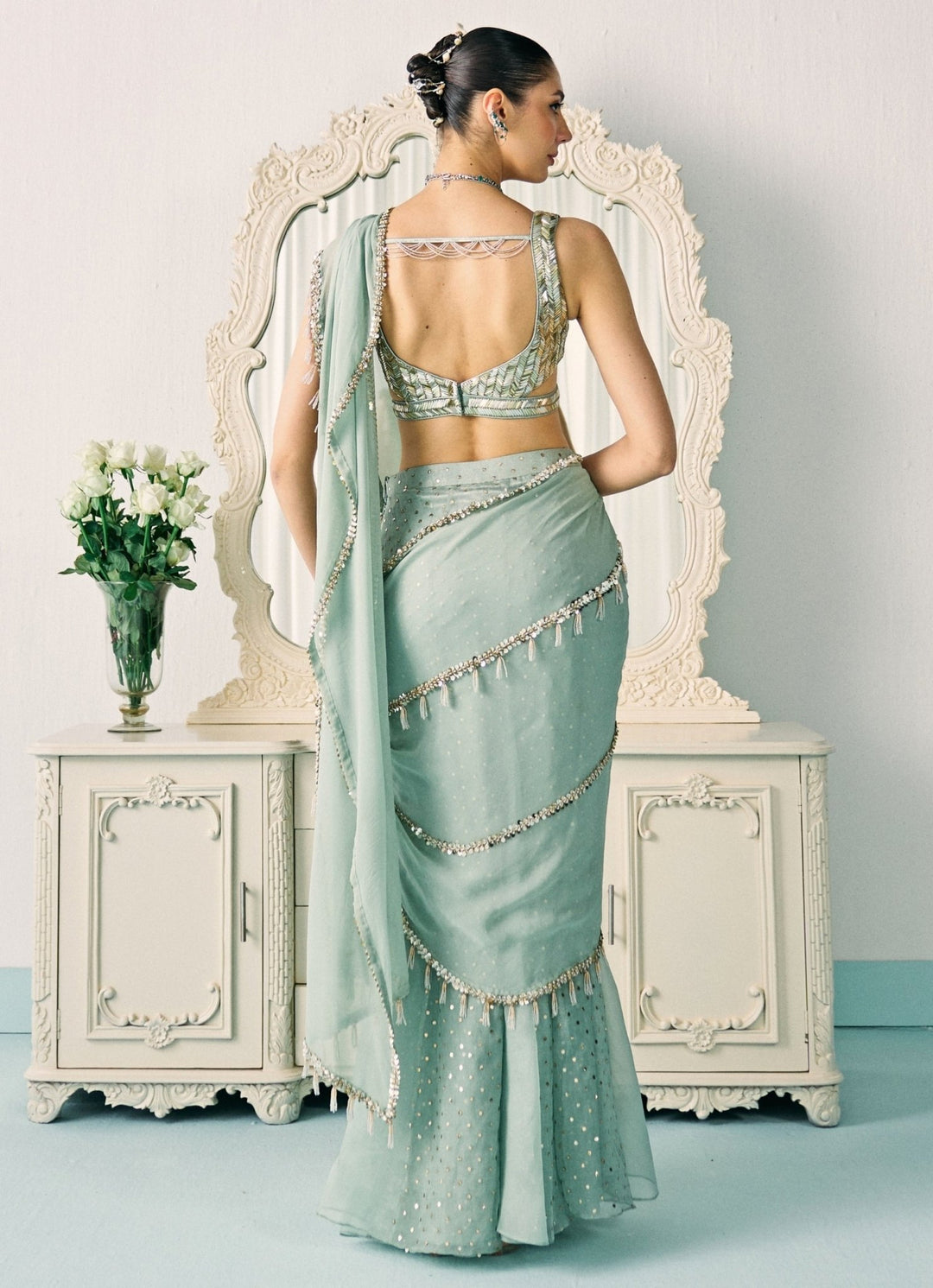 Sanya Gulati Pastel Green Georgette Pre - Draped SareeFabilicious Fashion