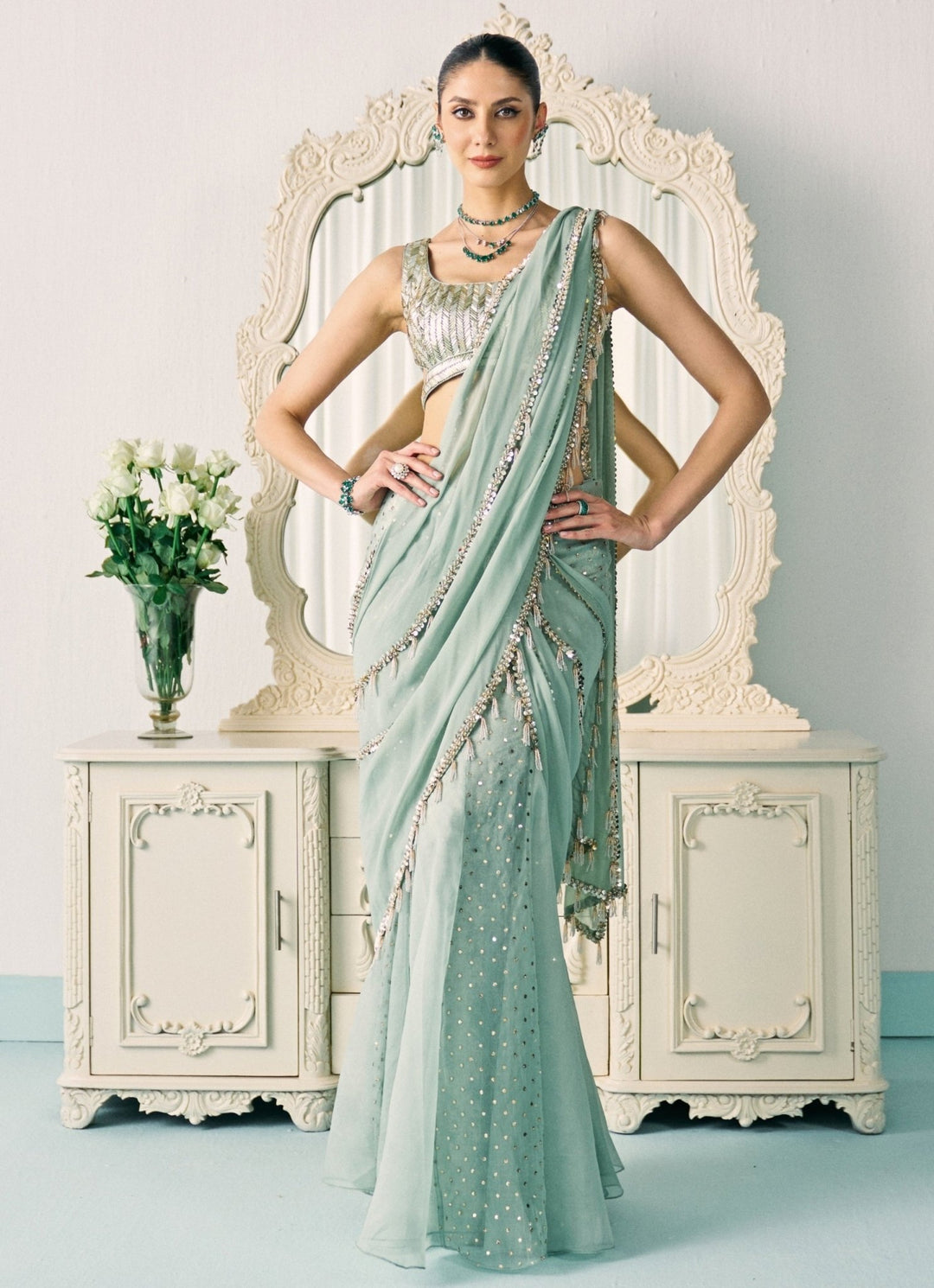 Sanya Gulati Pastel Green Georgette Pre - Draped SareeFabilicious Fashion