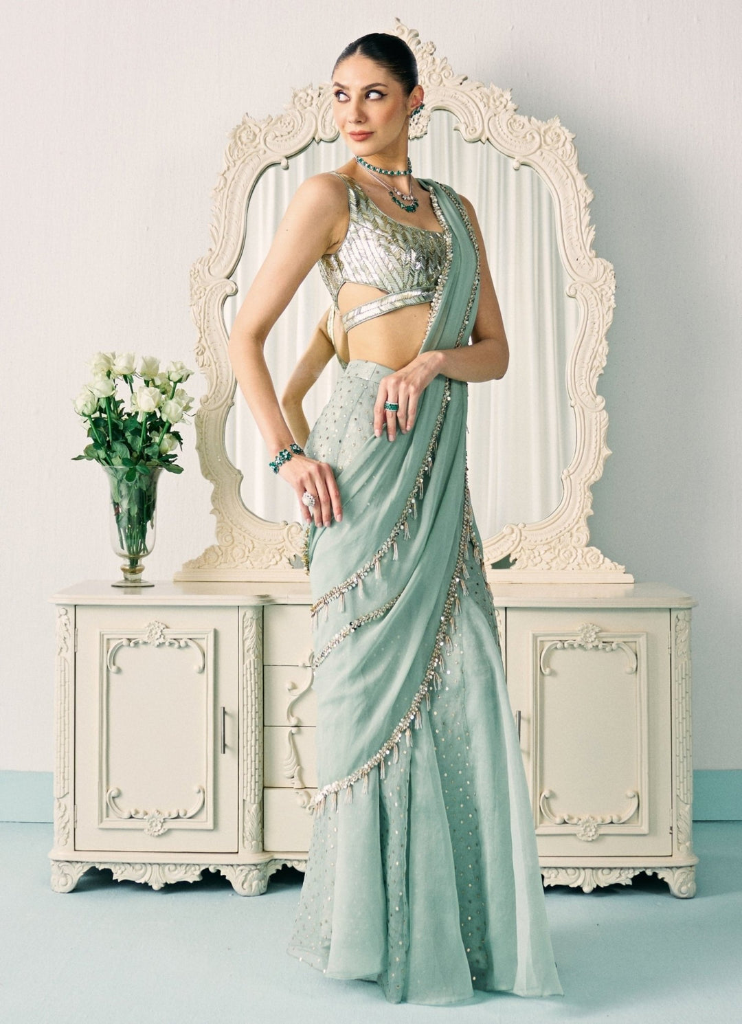 Sanya Gulati Pastel Green Georgette Pre - Draped SareeFabilicious Fashion