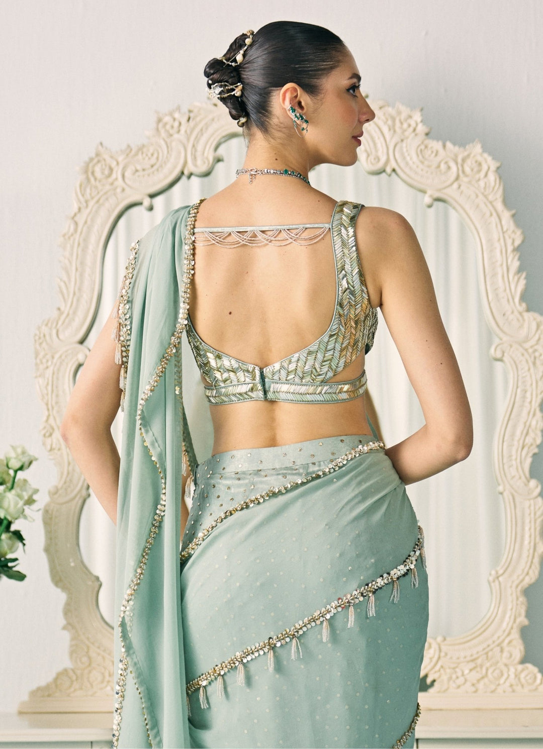 Sanya Gulati Pastel Green Georgette Pre - Draped SareeFabilicious Fashion