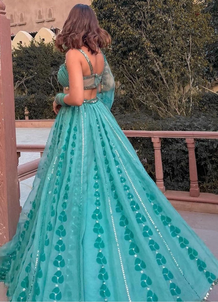 Aqua Green Organza Mirror Work Lehenga Set Prevasu - Fabilicious Fashion