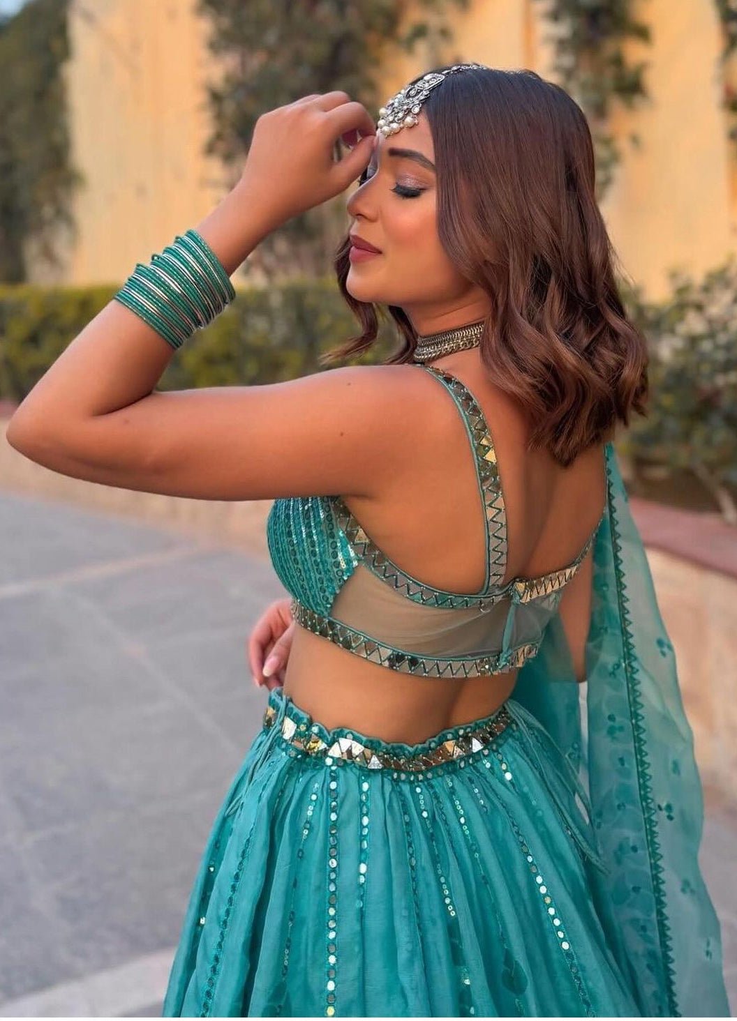 Aqua Green Organza Mirror Work Lehenga Set Prevasu - Fabilicious Fashion