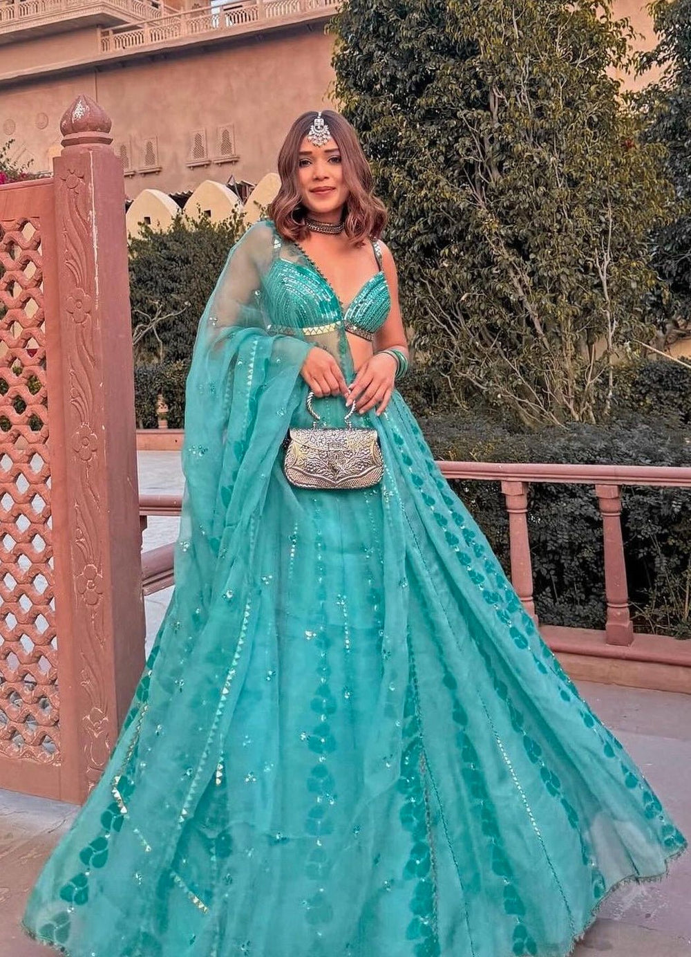 Aqua Green Organza Mirror Work Lehenga Set Prevasu - Fabilicious Fashion