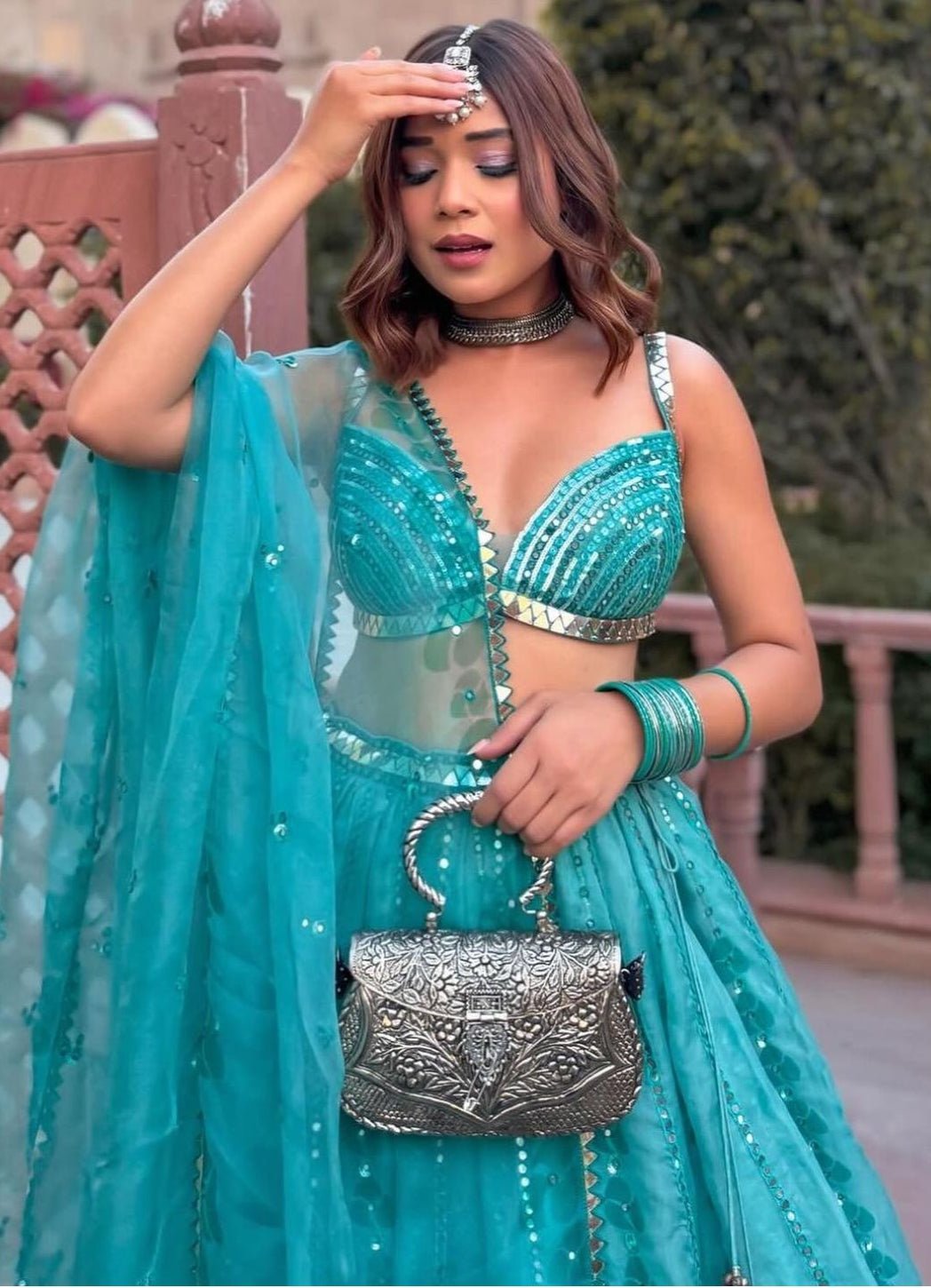 Aqua Green Organza Mirror Work Lehenga Set Prevasu - Fabilicious Fashion