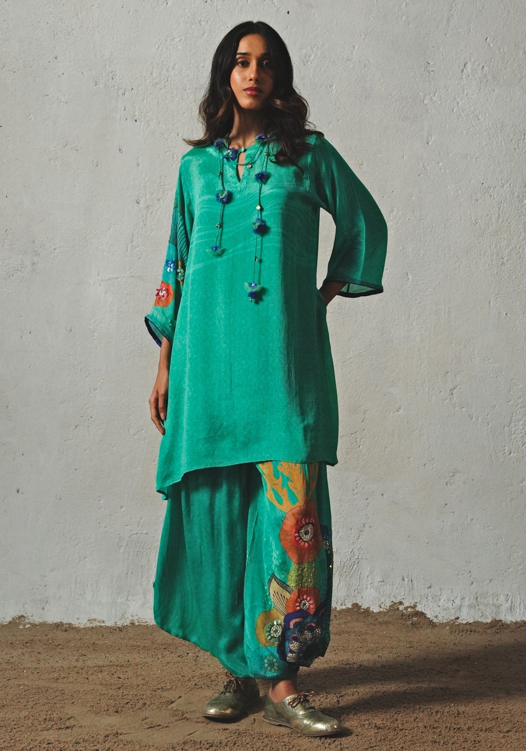Aqua Green Printed Chiffon Co - Ord Set Basil Leaf - Fabilicious Fashion