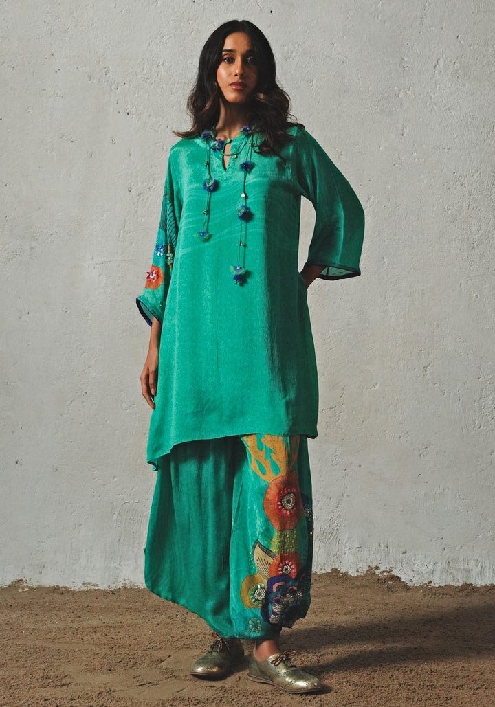 Aqua Green Printed Chiffon Co - Ord Set Basil Leaf - Fabilicious Fashion