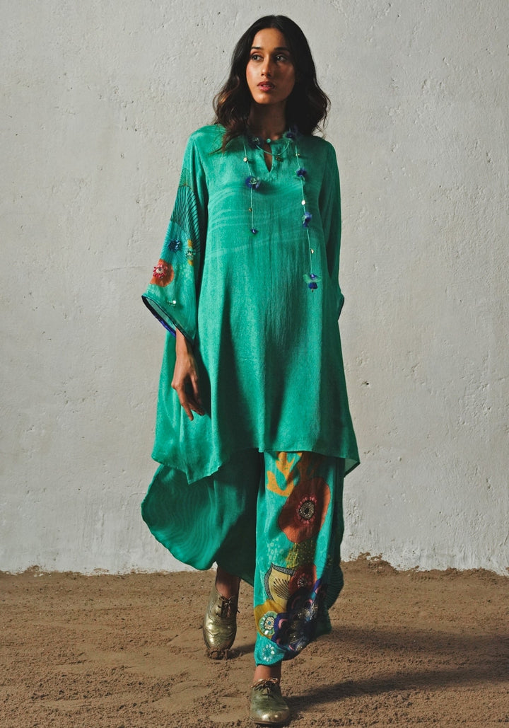 Aqua Green Printed Chiffon Co - Ord Set Basil Leaf - Fabilicious Fashion