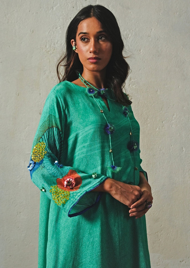 Aqua Green Printed Chiffon Co - Ord Set Basil Leaf - Fabilicious Fashion