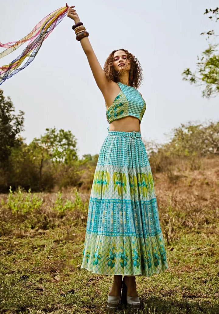 Basil Leaf Aqua Green Printed Chiffon Lehenga SetFabilicious Fashion