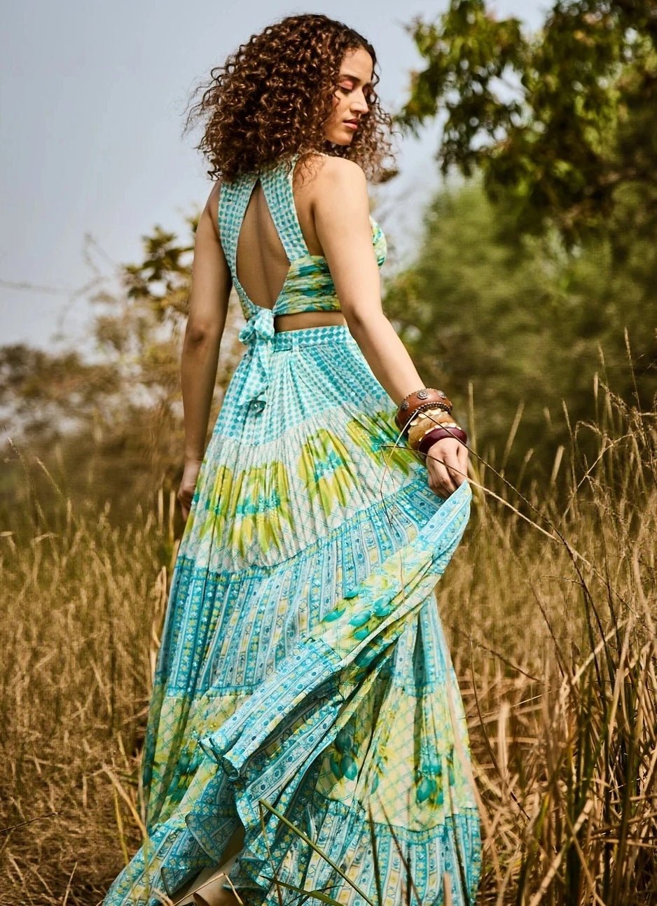 Aqua Green Printed Chiffon Lehenga Set Basil Leaf - Fabilicious Fashion