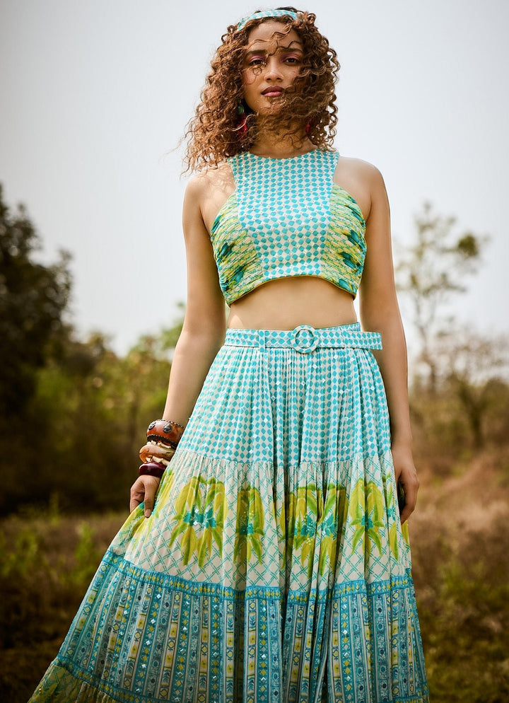Aqua Green Printed Chiffon Lehenga Set Basil Leaf - Fabilicious Fashion