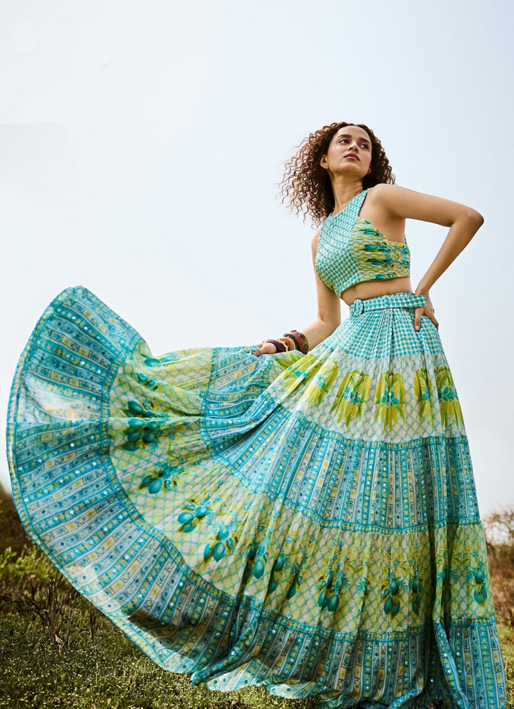 Aqua Green Printed Chiffon Lehenga Set Basil Leaf - Fabilicious Fashion
