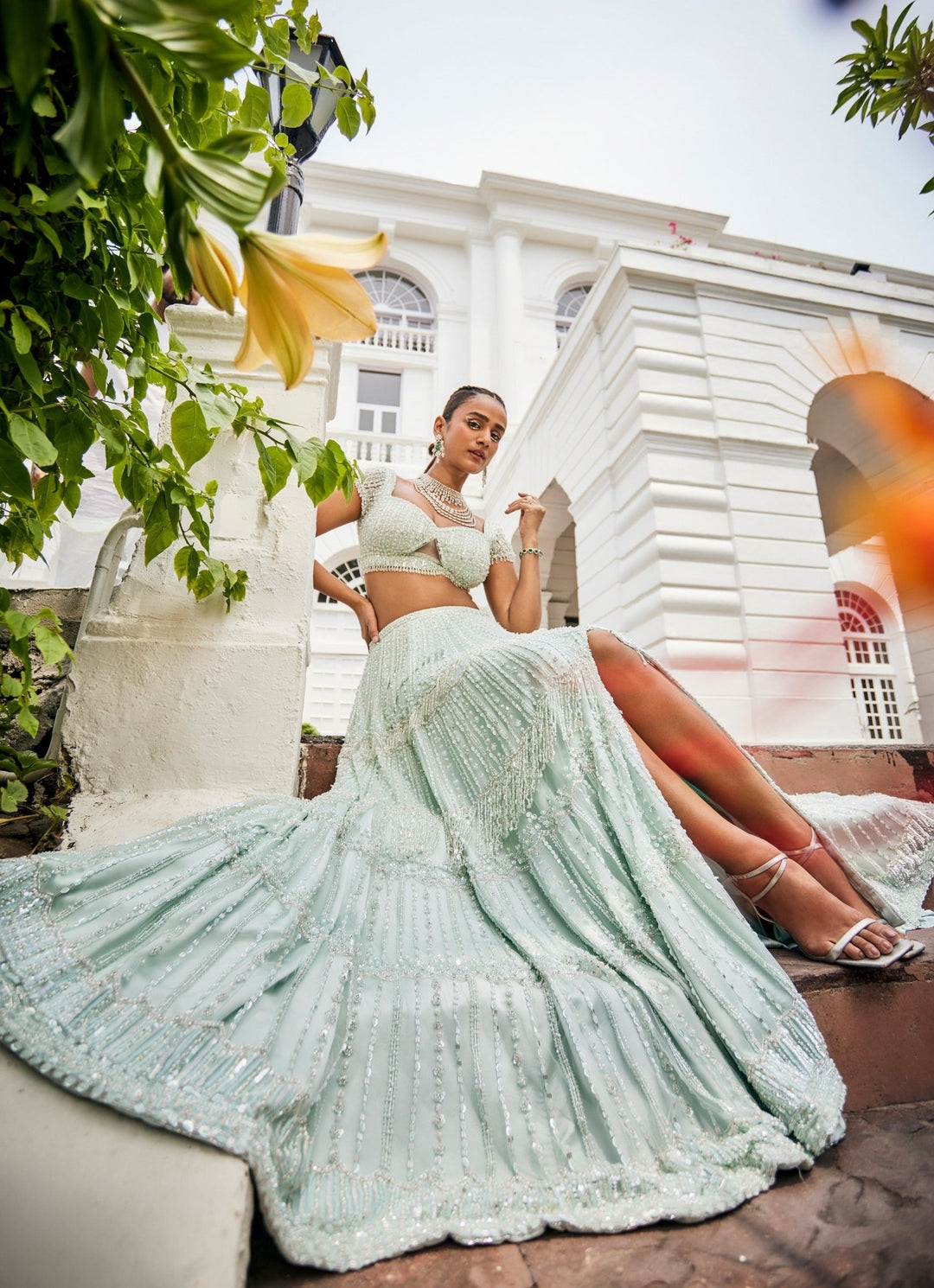Aqua Green Sequins Embroidered Slit Lehenga Set Mani Bhatia - Fabilicious Fashion