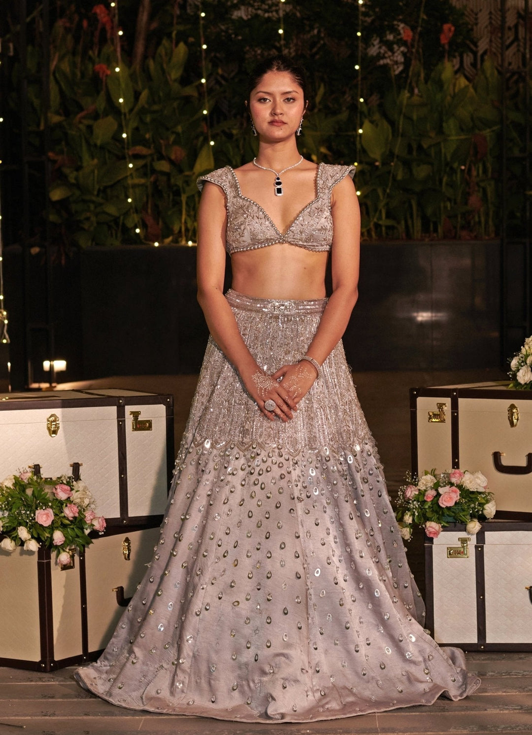 Ash Grey And Silver Embroidered Silk Lehenga Set Jigar and Nikita - Fabilicious Fashion