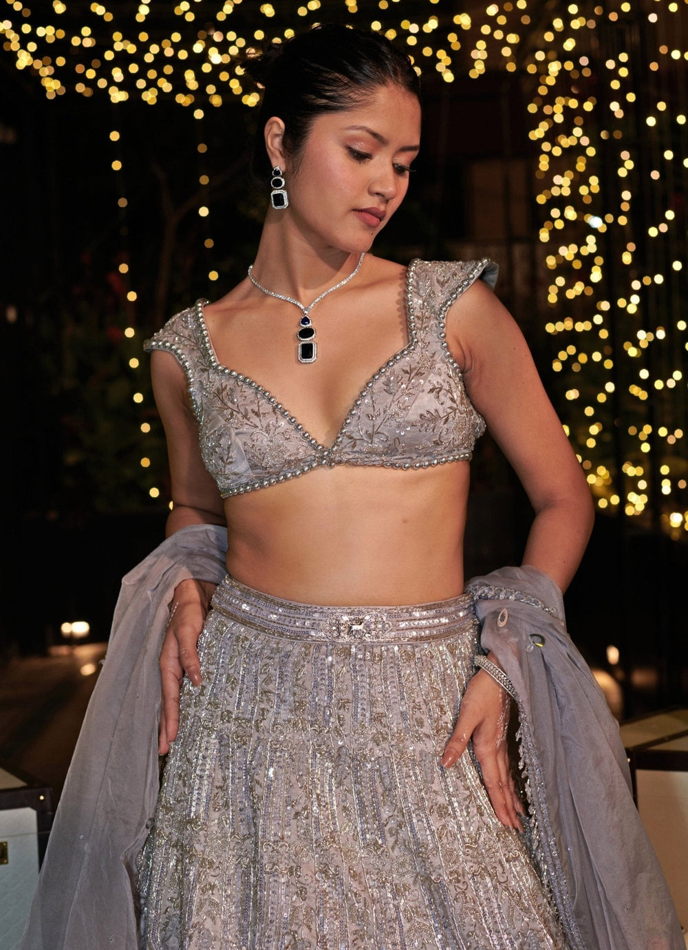 Ash Grey And Silver Embroidered Silk Lehenga Set Jigar and Nikita - Fabilicious Fashion