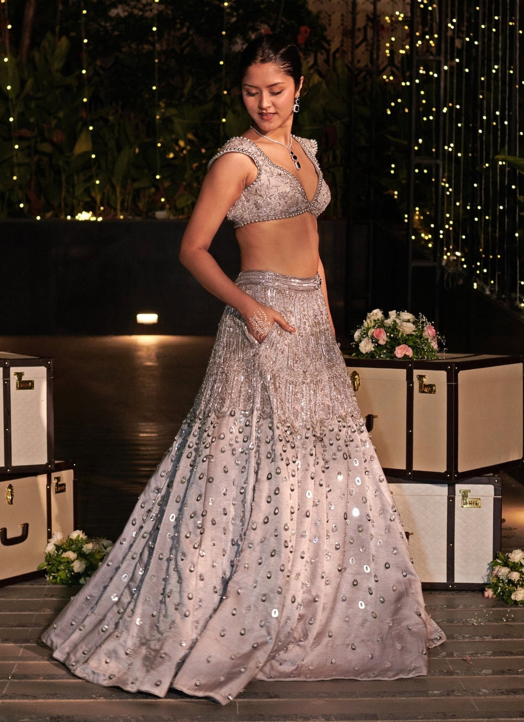 Ash Grey And Silver Embroidered Silk Lehenga Set Jigar and Nikita - Fabilicious Fashion