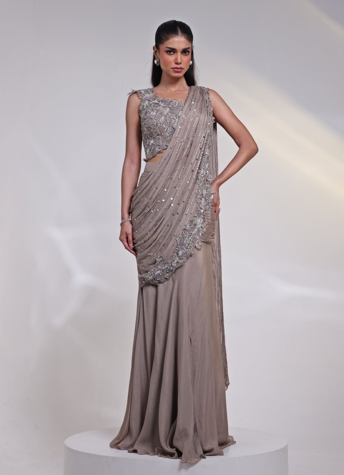 Smriti ash grey chinon pre-draped saree gown — modern saree for cocktail