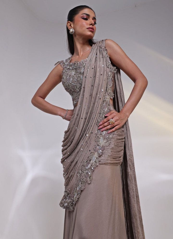 Ash Grey Chinon Pre - Draped Saree Gown Smriti - Fabilicious Fashion