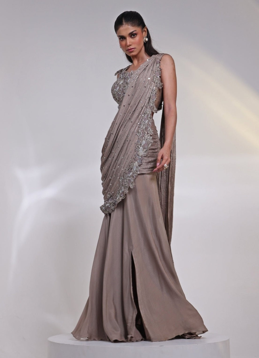 Ash Grey Chinon Pre - Draped Saree Gown Smriti - Fabilicious Fashion