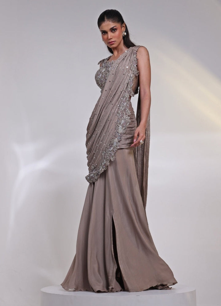Ash Grey Chinon Pre - Draped Saree Gown Smriti - Fabilicious Fashion