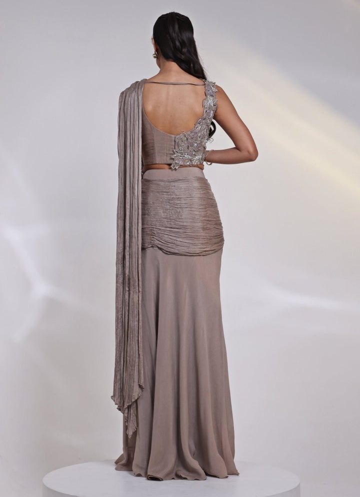Ash Grey Chinon Pre - Draped Saree Gown Smriti - Fabilicious Fashion